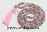 GMN1886 Knotted 8mm, 10mm purple strawberry quartz 108 beads mala necklace with tassel & charm