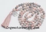 GMN1890 Knotted 8mm, 10mm pink zebra jasper 108 beads mala necklace with tassel & charm