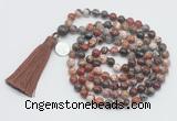 GMN1891 Knotted 8mm, 10mm brecciated jasper 108 beads mala necklace with tassel & charm