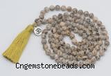 GMN1893 Knotted 8mm, 10mm feldspar 108 beads mala necklace with tassel & charm