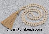 GMN200 Hand-knotted 6mm white fossil jasper 108 beads mala necklaces with tassel