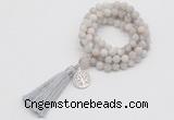 GMN2001 Knotted 8mm, 10mm matte white crazy agate 108 beads mala necklace with tassel & charm