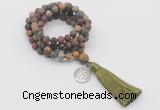 GMN2008 Knotted 8mm, 10mm matte picasso jasper 108 beads mala necklace with tassel & charm
