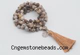 GMN2009 Knotted 8mm, 10mm matte zebra jasper 108 beads mala necklace with tassel & charm