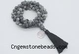 GMN2011 Knotted 8mm, 10mm matte black water jasper 108 beads mala necklace with tassel & charm