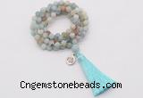 GMN2023 Knotted 8mm, 10mm matte amazonite 108 beads mala necklace with tassel & charm