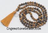 GMN2027 Knotted 8mm, 10mm matte yellow tiger eye 108 beads mala necklace with tassel & charm