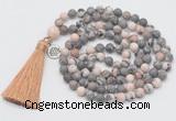 GMN2029 Knotted 8mm, 10mm matte pink zebra jasper 108 beads mala necklace with tassel & charm