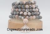 GMN2232 Hand-knotted 8mm, 10mm matte pink zebra jasper 108 beads mala necklaces with charm