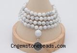 GMN2418 Hand-knotted 6mm white howlite 108 beads mala necklace with charm