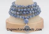 GMN2466 Hand-knotted 6mm blue spot stone 108 beads mala necklaces with charm