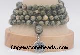 GMN2472 Hand-knotted 6mm rhyolite 108 beads mala necklaces with charm