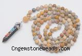 GMN2602 Hand-knotted 8mm, 10mm matte yellow crazy agate 108 beads mala necklace with pendant