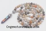 GMN2603 Hand-knotted 8mm, 10mm matte bamboo leaf agate 108 beads mala necklace with pendant