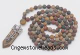 GMN2608 Hand-knotted 8mm, 10mm matte picasso jasper 108 beads mala necklace with pendant