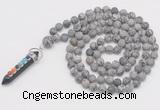 GMN2611 Hand-knotted 8mm, 10mm matte grey picture jasper 108 beads mala necklace with pendant