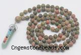GMN2628 Knotted 8mm, 10mm matte unakite 108 beads mala necklace with pendant