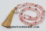 GMN311 Hand-knotted 6mm volcano cherry quartz 108 beads mala necklaces with tassel & charm