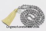 GMN313 Hand-knotted 6mm grey picture jasper 108 beads mala necklaces with tassel & charm