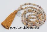 GMN323 Hand-knotted 6mm yellow crazy agate 108 beads mala necklaces with tassel & charm