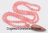 GMN4000 Hand-knotted 8mm, 10mm cherry quartz 108 beads mala necklace with pendant