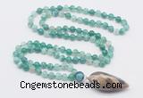 GMN4010 Hand-knotted 8mm, 10mm green banded agate 108 beads mala necklace with pendant