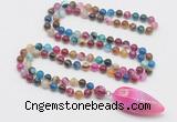GMN4011 Hand-knotted 8mm, 10mm colorful banded agate 108 beads mala necklace with pendant