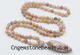 GMN4037 Hand-knotted 8mm, 10mm fossil coral 108 beads mala necklace with pendant