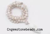 GMN4062 Hand-knotted 8mm, 10mm white crazy agate 108 beads mala necklace with pendant