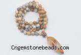 GMN4063 Hand-knotted 8mm, 10mm yellow crazy agate 108 beads mala necklace with pendant