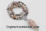 GMN4064 Hand-knotted 8mm, 10mm bamboo leaf agate 108 beads mala necklace with pendant