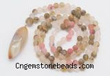 GMN4201 Hand-knotted 8mm, 10mm matte volcano cherry quartz 108 beads mala necklace with pendant