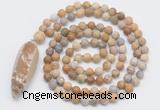 GMN4212 Hand-knotted 8mm, 10mm matte fossil coral 108 beads mala necklace with pendant