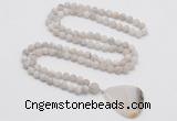 GMN4410 Hand-knotted 8mm, 10mm matte white crazy agate 108 beads mala necklace with pendant