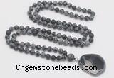 GMN4421 Hand-knotted 8mm, 10mm matte snowflake obsidian 108 beads mala necklace with pendant