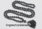 GMN4422 Hand-knotted 8mm, 10mm matte black labradorite 108 beads mala necklace with pendant