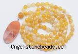 GMN4605 Hand-knotted 8mm, 10mm yellow banded agate 108 beads mala necklace with pendant