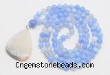 GMN4608 Hand-knotted 8mm, 10mm blue banded agate 108 beads mala necklace with pendant