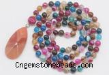 GMN4611 Hand-knotted 8mm, 10mm colorful banded agate 108 beads mala necklace with pendant