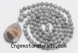 GMN4621 Hand-knotted 8mm, 10mm grey picture jasper 108 beads mala necklace with pendant
