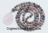 GMN4635 Hand-knotted 8mm, 10mm rhodonite 108 beads mala necklace with pendant