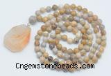 GMN4636 Hand-knotted 8mm, 10mm fossil coral 108 beads mala necklace with pendant