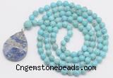 GMN4643 Hand-knotted 8mm, 10mm blue howlite 108 beads mala necklace with pendant
