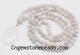 GMN4660 Hand-knotted 8mm, 10mm white crazy agate 108 beads mala necklace with pendant