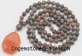 GMN4668 Hand-knotted 8mm, 10mm ocean agate 108 beads mala necklace with pendant