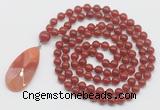 GMN4671 Hand-knotted 8mm, 10mm red agate 108 beads mala necklace with pendant