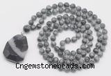 GMN4692 Hand-knotted 8mm, 10mm eagle eye jasper 108 beads mala necklace with pendant