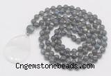 GMN4693 Hand-knotted 8mm, 10mm labradorite 108 beads mala necklace with pendant