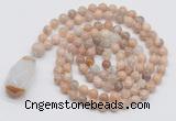 GMN4823 Hand-knotted 8mm, 10mm sunstone 108 beads mala necklace with pendant