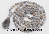 GMN4835 Hand-knotted 8mm, 10mm silver needle agate 108 beads mala necklace with pendant